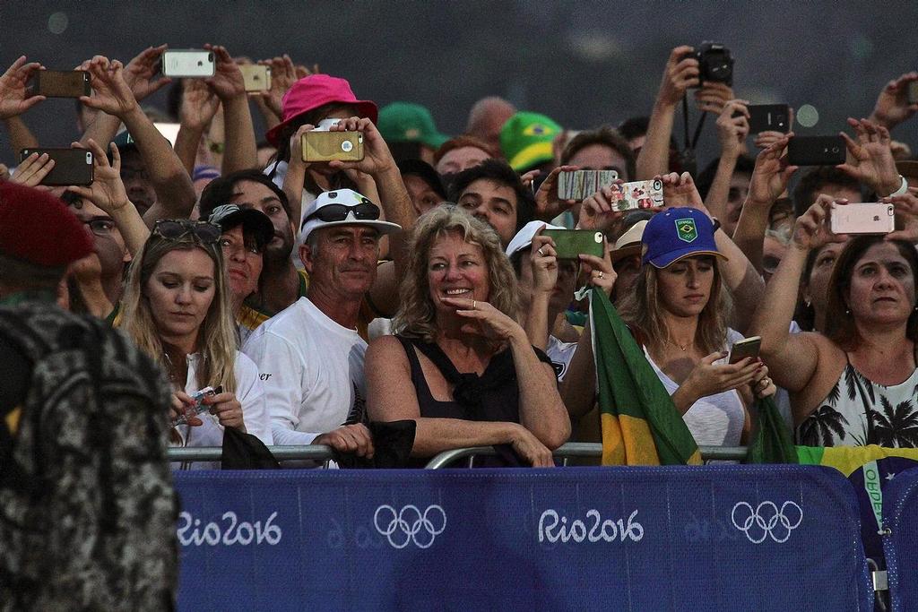 NZ fans as the national flags are raised at the 49erFX medal ceremony - 2016 Sailing Olympics &copy; Richard Gladwell www.photosport.co.nz